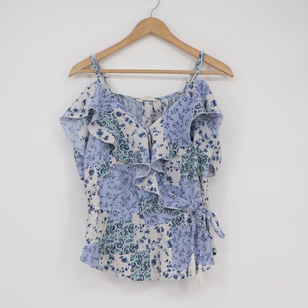 Hint of Blush Blue Patchwork Floral Cold Shoulder Ruffle Side Tie Top Large